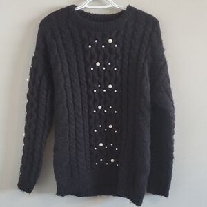 RD Style Conscious Black Cable Knit Sweater With Pearl Details Sz Xs